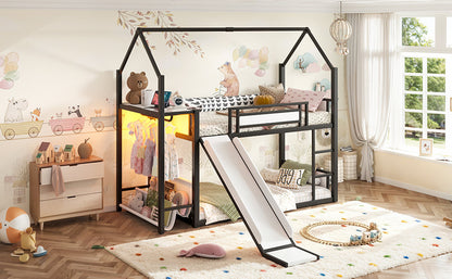 Twin Over Twin Metal Bunk Bed with Slide, LED Clothing Hanging Area, Fabric Storage Shelf & Power Outlet, Childlike Playhouse bunk bed Frame with low-profile design for Kids Girls,boys, Black