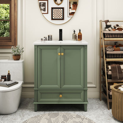 27.8" Modern Bathroom Vanity Set with Reinforced Legs & Painted Surface, Mid-Century Freestanding Bathroom Vanity Sink with Storage, High-end Restroom Vanity Cabinet with Drawer& Hidden Storage Shelvs