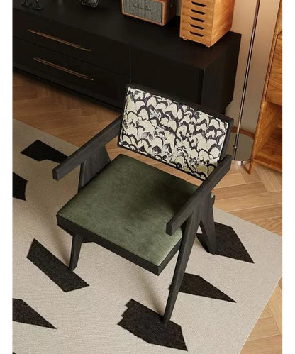 Mid-Century Modern Solid Wood Armchair with Upholstered Pattern Back and Padded Seat, Vintage Accent Chair / Dining Desk Chair for Living Room, Bedroom, Home Office