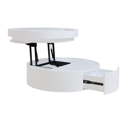 White Round Lift Coffee Table with 1 Drawer in 29.5', Marble Veneer and Wood Grain Tabletop