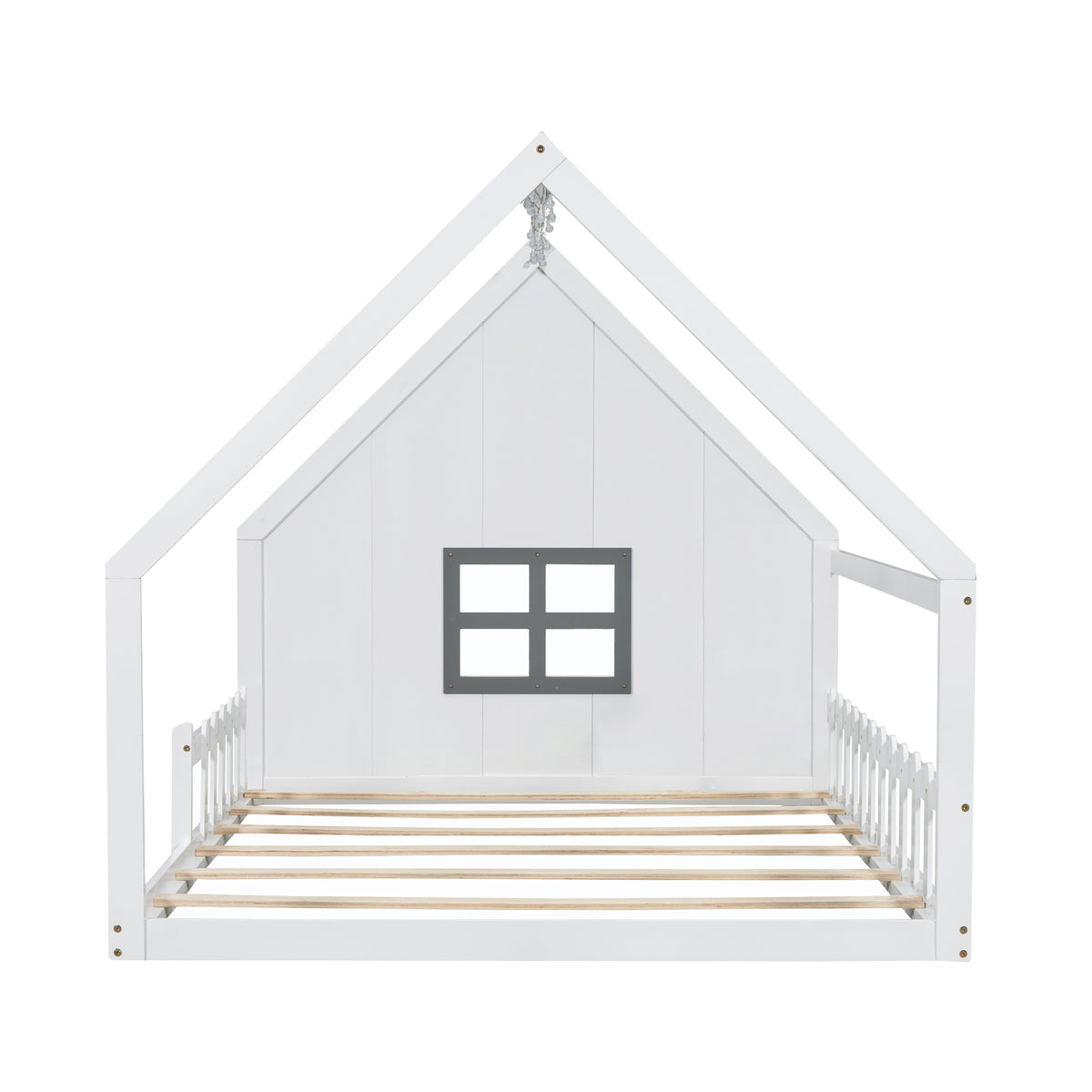 Full Size Wood House Bed with Window and Fence, White (Old SKU: WF304147AAK)