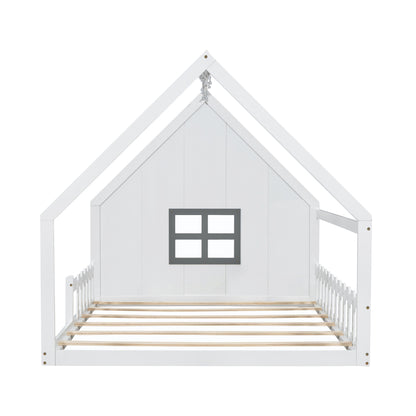 Full Size Wood House Bed with Window and Fence, White (Old SKU: WF304147AAK)