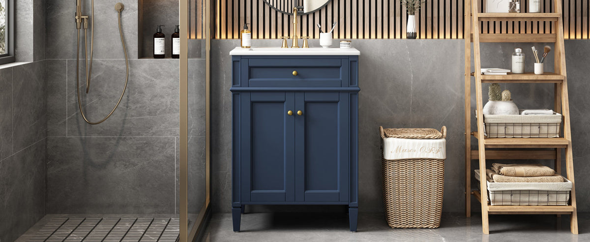 Modern Blue Bathroom Vanity with 2 Doors and Tip-Out Drawer, Ceramic Sink, Soft-Closing Hinges, Solid Wood Frame, 24'