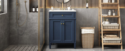Modern Blue Bathroom Vanity with 2 Doors and Tip-Out Drawer, Ceramic Sink, Soft-Closing Hinges, Solid Wood Frame, 24'