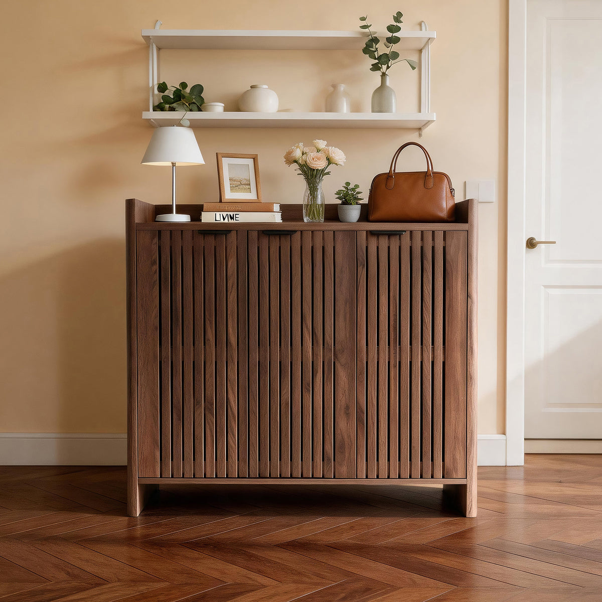 Walnut Entryway Shoe Storage Cabinet with Slatted Doors, Modern Wooden Hallway Console Table with Top Display Shelf, Mid-Century Accent Chest for Foyer, Living Room, and Mudroom Organization