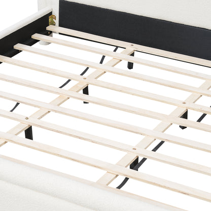 Modern White Boucle Upholstered King Size Platform Bed Frame with Curved Headboard, Wood Slats Support, No Box Spring Needed, Easy Assembly