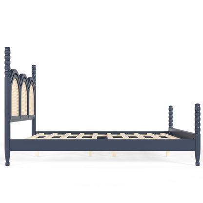 Queen Size Platform Bed with Arched Woven Headboard, Four Poster Stylish Wooden Bed Frame, Elegant Curved Headboard Bed Frame For Bedroom,Blue