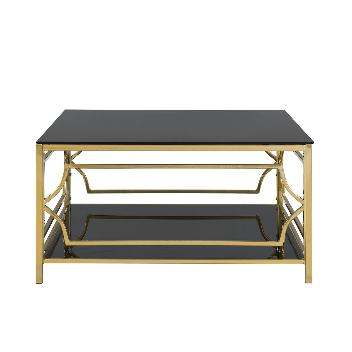 Square Glass Coffee Table in 33.5", Luxurious Geometric Metal Frame, Gold Finish & Lower Shelf