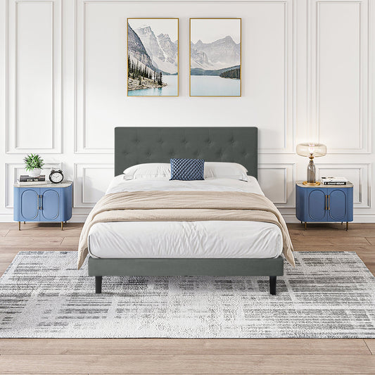 Twin Size Upholstered Platform Bed Frame with Modern Button Tufted Linen Fabric Headboard, No Box Spring Needed, Wood Slat Support