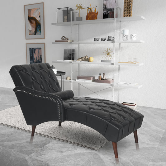 Chaise Lounge Arm Chair Indoor with Pillow and Solid Wood Legs, Leisure Accent Soft Chair with Tufted Back and Arm,Upholstered Chaise Couch Chair for Living Room, Bedroom,Black PU