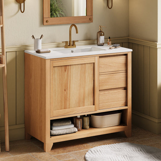 [Video] 36" Bathroom Vanity with Ceramic Sink, Bathroom Cabinet with Drawers, Solid Wood Legs, Soft-close Slides, Single Package, Natural