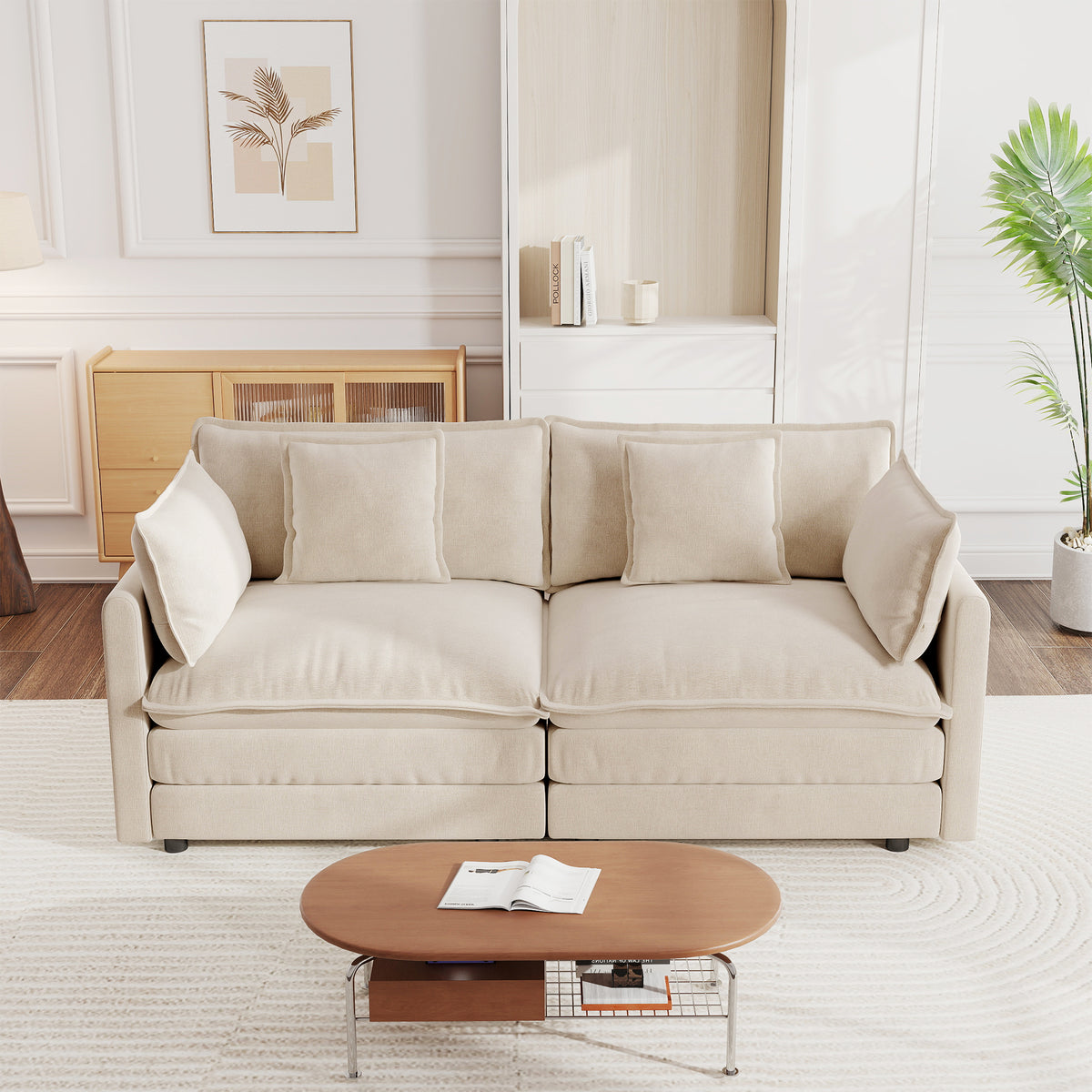 Modern Fabric Loveseat Sofa Couch, Upholstered Large Size Deep Seat 2-Seat Sofa with 4 Pillows, Light Coffee Chenille