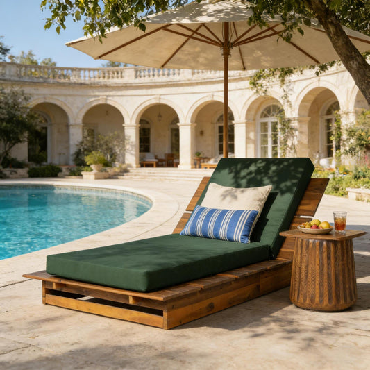 Acacia Wood Chaise Lounge with Movable Green Cushion – Wide Teak Finish Patio Lounger, 3-Position Recliner, 400 lbs Capacity