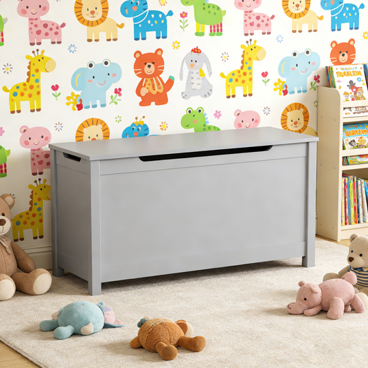 Kids Wooden Toy Box Storage with Safety Hinged Lid in Gray MDF for Ages 2+