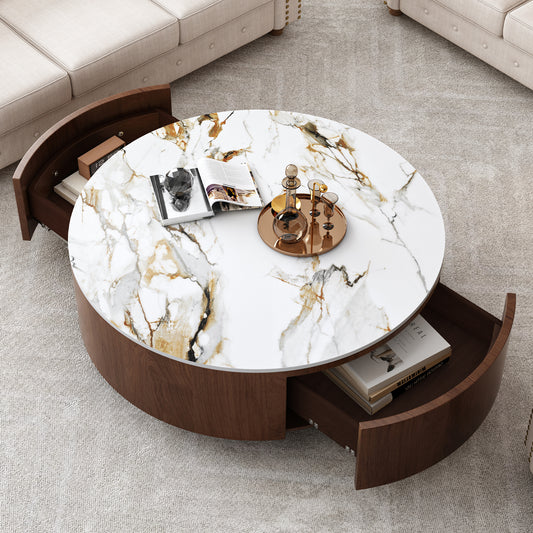 Rustic Round Coffee Table with 2 Drawers and Sintered Stone Top, Modern Living Room Center Table