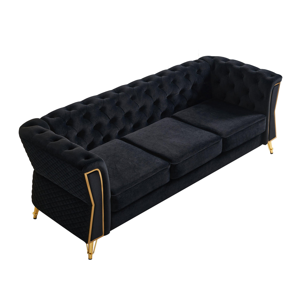 Modern Tufted Velvet Sofa 87.4 inch for Living Room Black Color