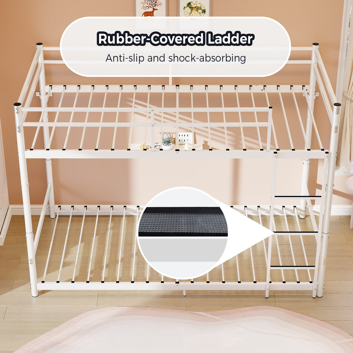 Heavy Duty Metal Twin Over Twin Bunk Bed, Convertible to 2 Separated Twin Beds, Noise-Free Steel Frame with Rubber Anti-Slip Ladder & 11.3' Guardrails, 400/485 LBS Weight Capacity, White