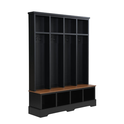 Farmhouse Hall Tree with 8 Hooks, Practical Entryway Bench with Open Compartments, 76.7'H Modern 3-in-1 Wooden Style Coat and Shoe Rack for Mudroom, Living Room, Black