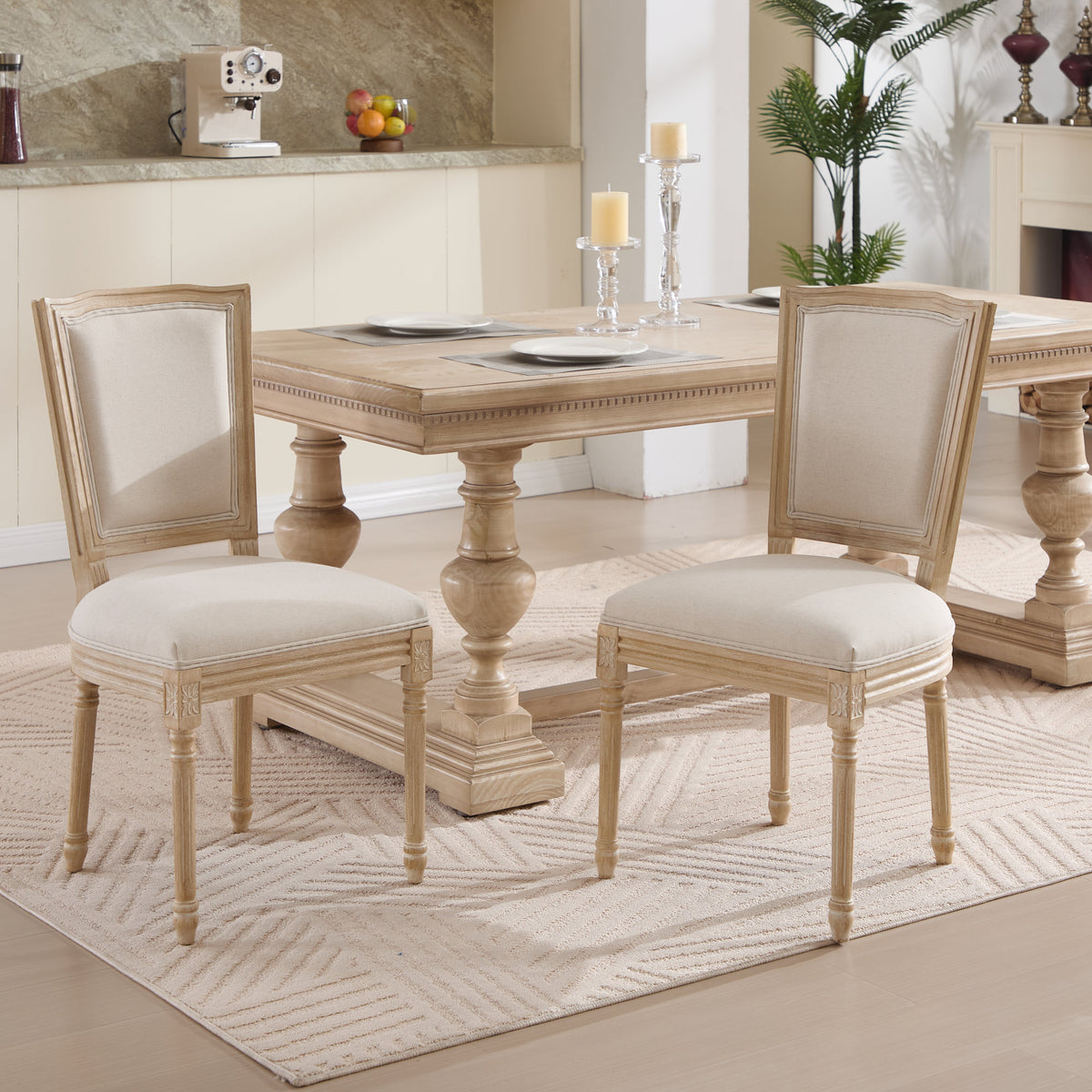 French Country Dining Chairs Set of 2, Upholstered Chairs with T-shaped Back, Wire drawing and carving techniques, Disassemblable