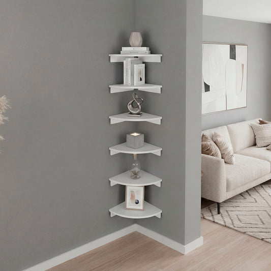 Georgia 6-Piece Corner Floating Wall Shelves Set, Wood Wall Mounted Display Shelves for Home Decor and Storage, White