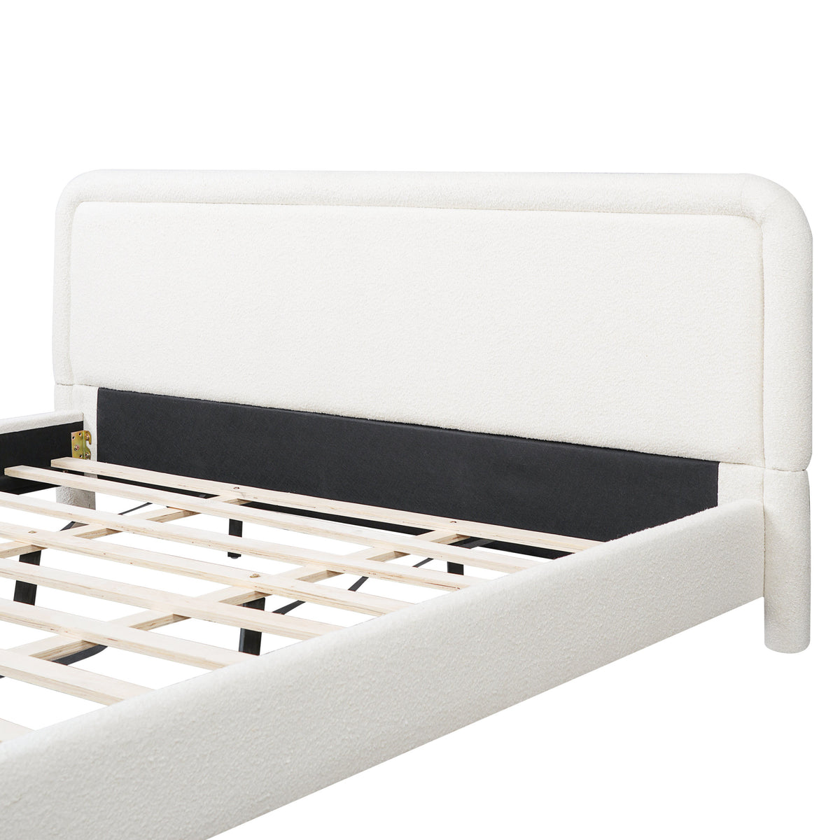 Modern White Boucle Upholstered King Size Platform Bed Frame with Curved Headboard, Wood Slats Support, No Box Spring Needed, Easy Assembly