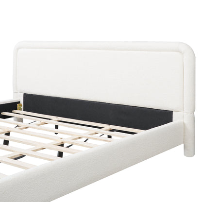 Modern White Boucle Upholstered King Size Platform Bed Frame with Curved Headboard, Wood Slats Support, No Box Spring Needed, Easy Assembly