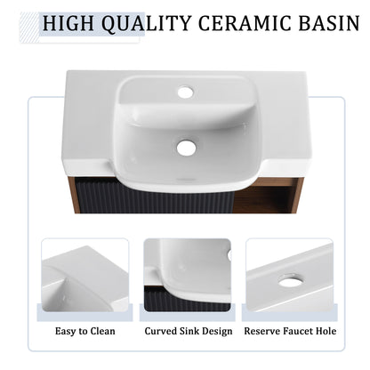 24'' Wall-Mounted Bathroom Vanity with White Ceramic Sink & Soft-Close Door, KD-Packing