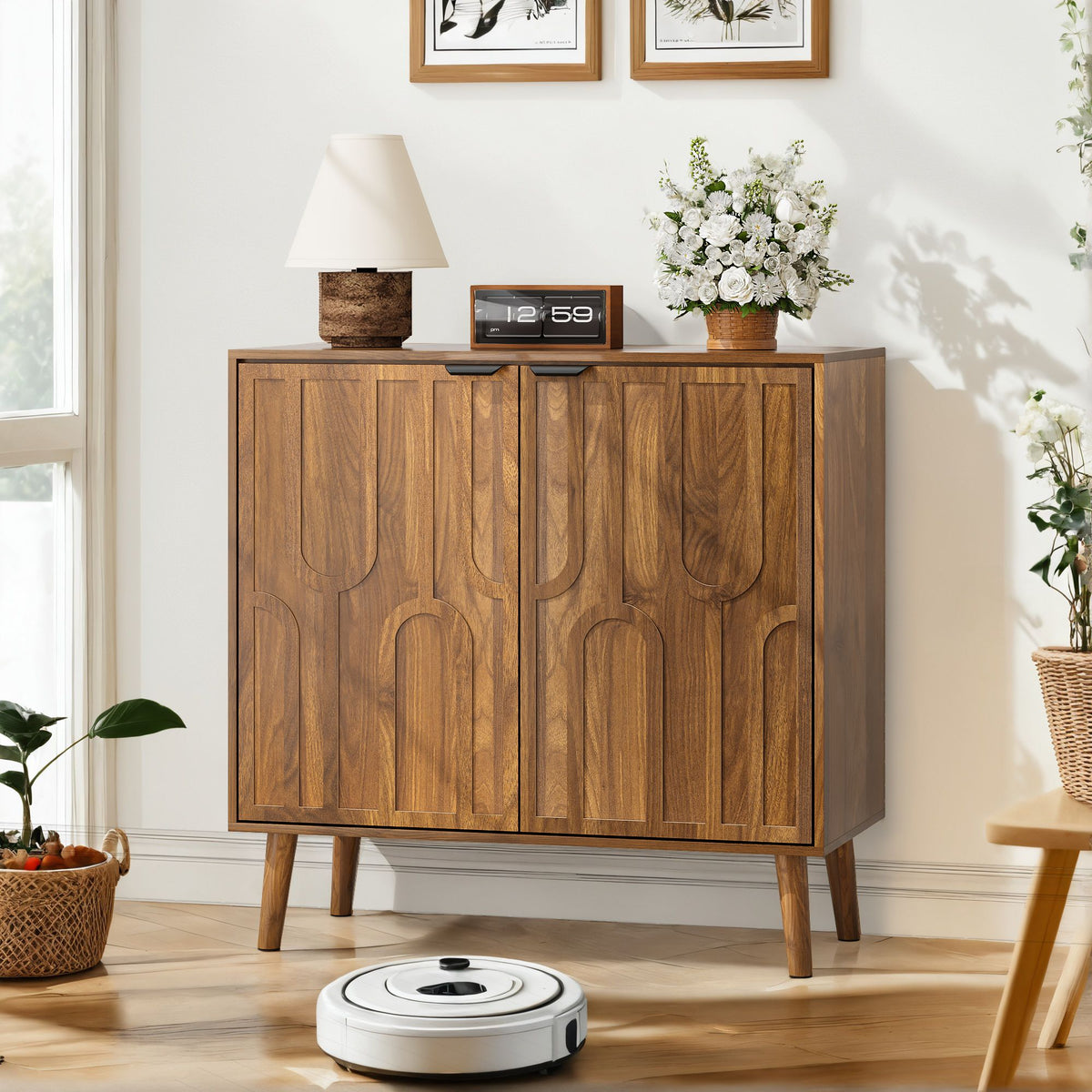 Farmhouse Style Sideboard Buffet Cabinet with Storage, Walnut Wood Coffee Bar Cabinet, 31.5" W