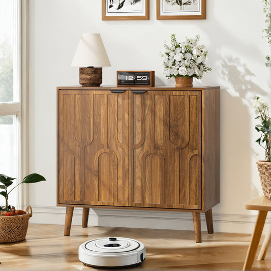 Farmhouse Style Sideboard Buffet Cabinet with Storage, Walnut Wood Coffee Bar Cabinet, 31.5" W