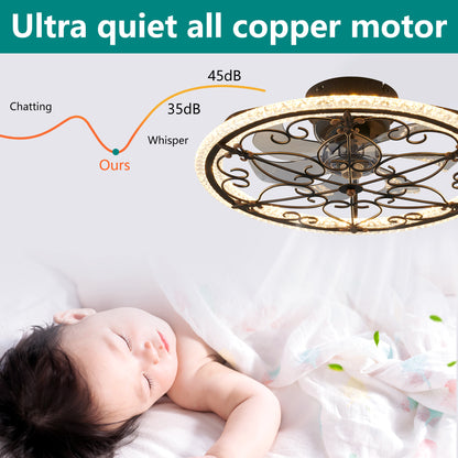 Rustic Black Caged Ceiling Fan with Remote-Controlled LED Light for Bedroom Kitchen Living Room, Matte Black Iron and ABS-PC Construction, 20-Inch