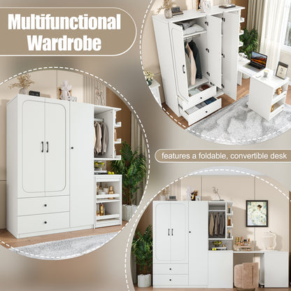 Multifunctional Wardrobe with 2 Doors and Hanging Rod, Wooden clothes closet with Convertible Desk and Storage Drawers – Model W1580S00475