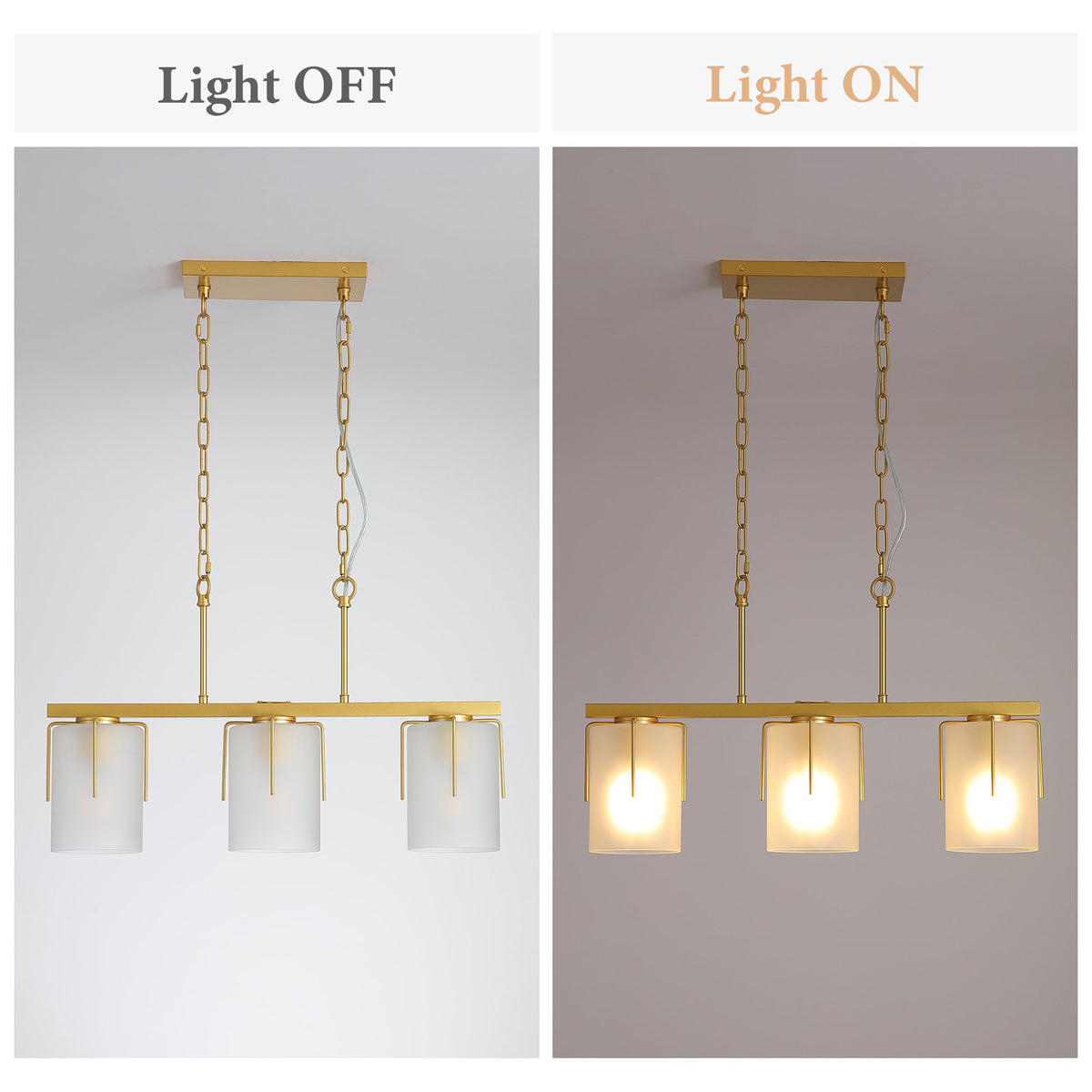Modern Gold 3-Light Linear Chandelier, E26 Base, Adjustable Height Pendant Light with Milky White Frosted Glass Shades