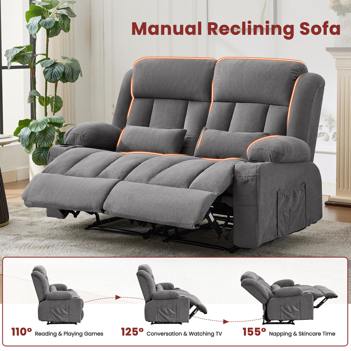 Reclining Loveseat Sofa for Living Room, Ergonomic Backrest with Cup Holders&Side Pockets