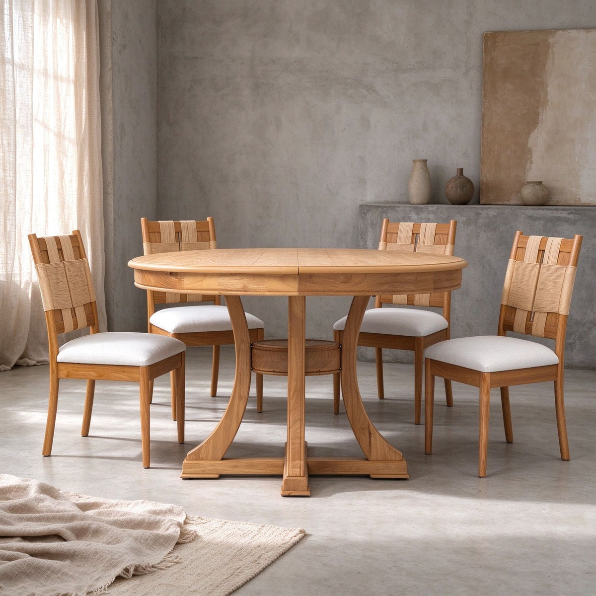 Solid Wood Round Extendable Dining Table 5-pieces Set with  Woven Back Dining Chairs,Natural Oak Finish Dinner Table Set with 4 Upholstered Cushion Seats for Kitchen Dining Room