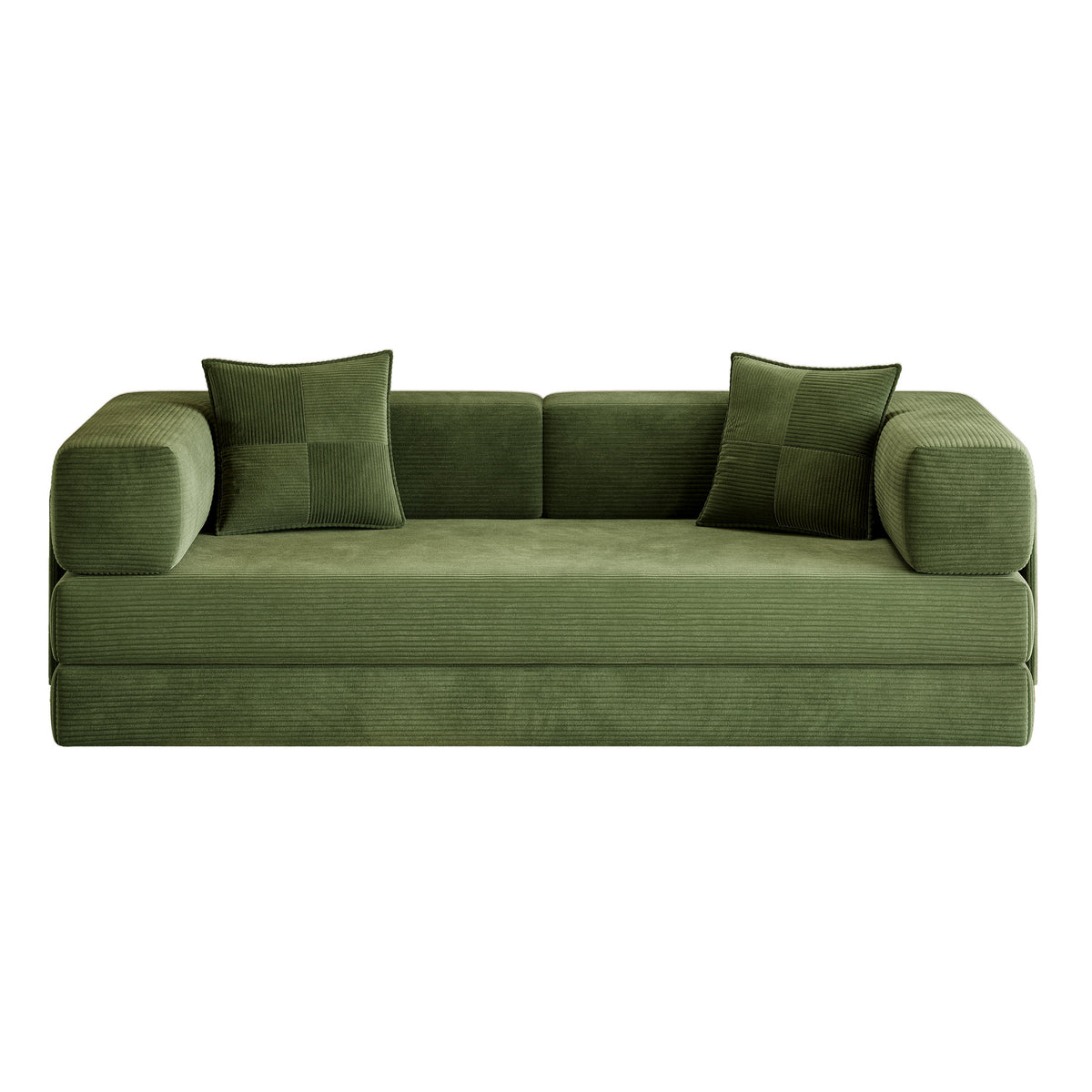 79-Inch Teddy Couch Convertible Sleeper Sofa Bed, 5-in-1 Corduroy Floor Sofa with High-Density Foam, Metal Back and Arm Supports, Washable Cover and Side Pockets, Green