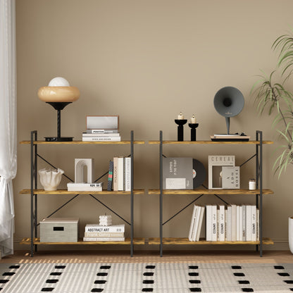 3-Tier Bookshelf, Horizontal Bookcase with Open Storage Shelves, Rustic Industrial Plant Stand, Wood & Metal Shelf for Living Room, Bedroom & Home Office (Rustic Brown)