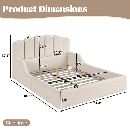 Queen Teddy Fabric Upholstered Floor bed, Stylish Upholstered Kids bed, Low Profile Children Bed Frame, Soft Plush Upholstered Floor bed for Kids &Teens.Beige