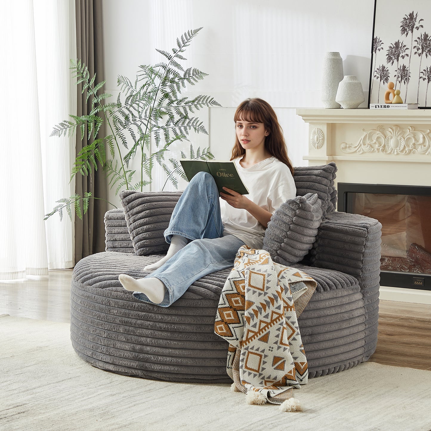 55'L Corduroy Sponge single sofa,No Assembly Required,Fluffy Modern Sleeper Chair for Living room, Bedroom, Lounge and Projection Room(Not a swivel chair.)