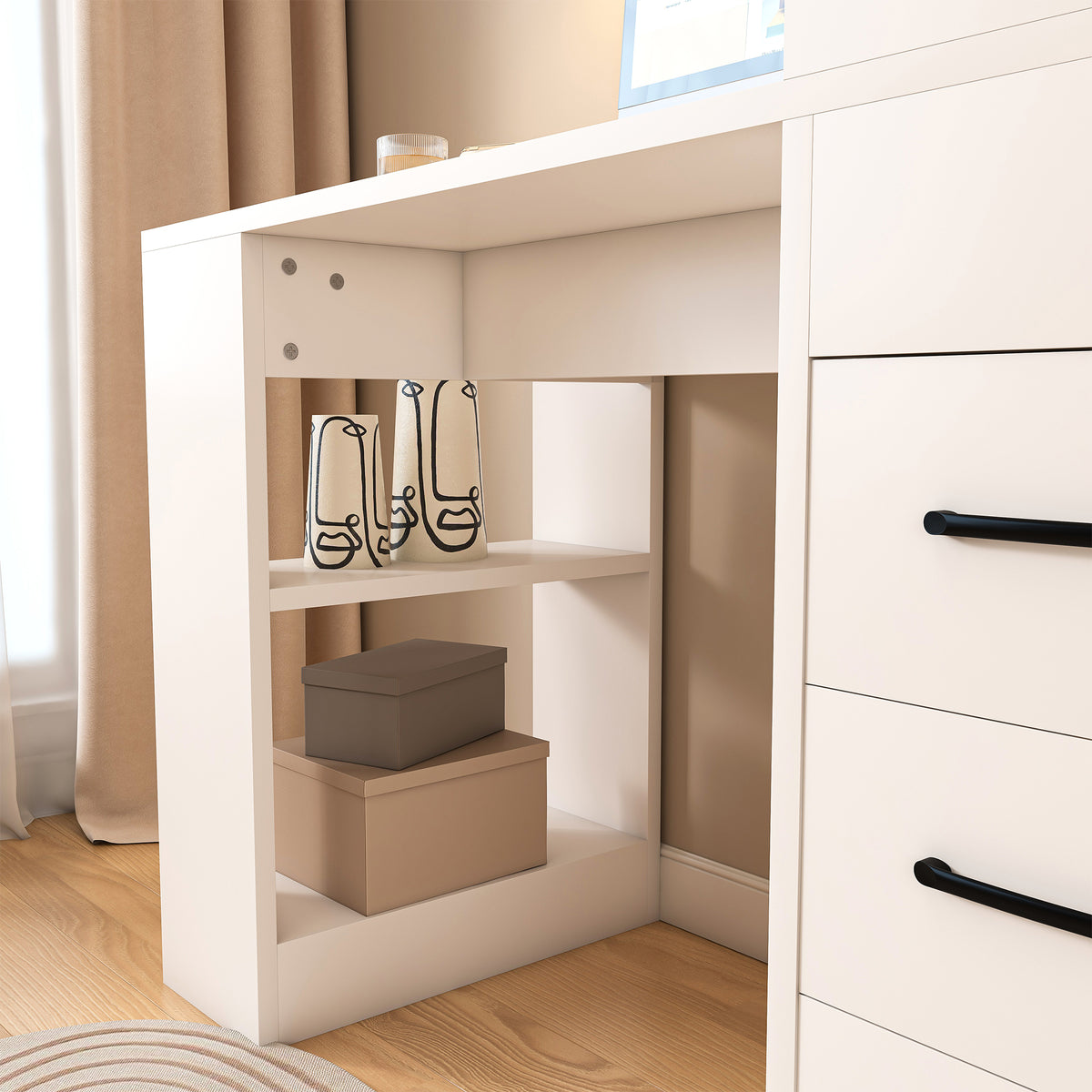 White Computer Desk with 4-in-1 Socket, the Desk with 3 Slide Drawers and 4 Storage Levels, the Wooden Desk is Suitable for a Variety of Places