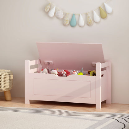 Kids Toy Box Chest for Boys Girls, Large Storage Cabinet with Cushion Seat Bench/ Flip-Top Lid/ Safety Hinge, Toy Storage Organizer Trunk for Nursery, Playroom (Pink)