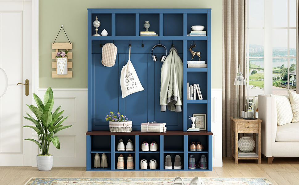 Farmhouse Wooden Hall Tree with 6 Hooks, Walnut Storage Bench with Adjustable Shelves, 4-in-1 Entryway Shoe Cabinet with Cubbies for Mudroom, Living Room, Blue (New Color of N721S000044K-1/B-1)
