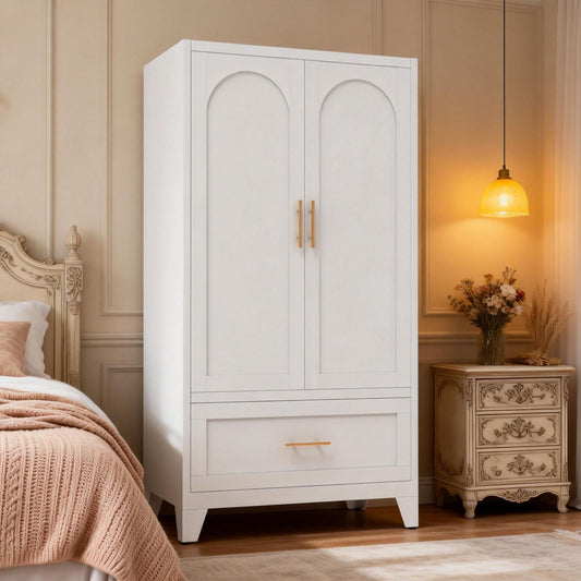 60" Tall Metal Wardrobe Cabinet with 1 Drawer and Hanging Rod, 2 Doors Wardrobe Closet with Shelf, Laundry Room, Foyer, Guesthouse - White