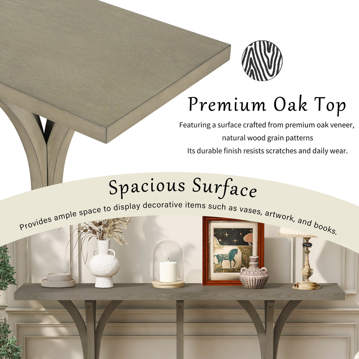 U-Style 59.8'' Wooden Console Table with Oak Veneer Top,Farmhouse Entryway Table with Rubber Wood Slender Curved Legs,Perfect for Living Room,Entryway,Hallway, Dining Spaces.