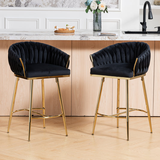 26'' Counter height bar stools velvet kitchen island counter bar stool with hand- wave back (set of 2) ,golden chromed base and footrest (BLACK)