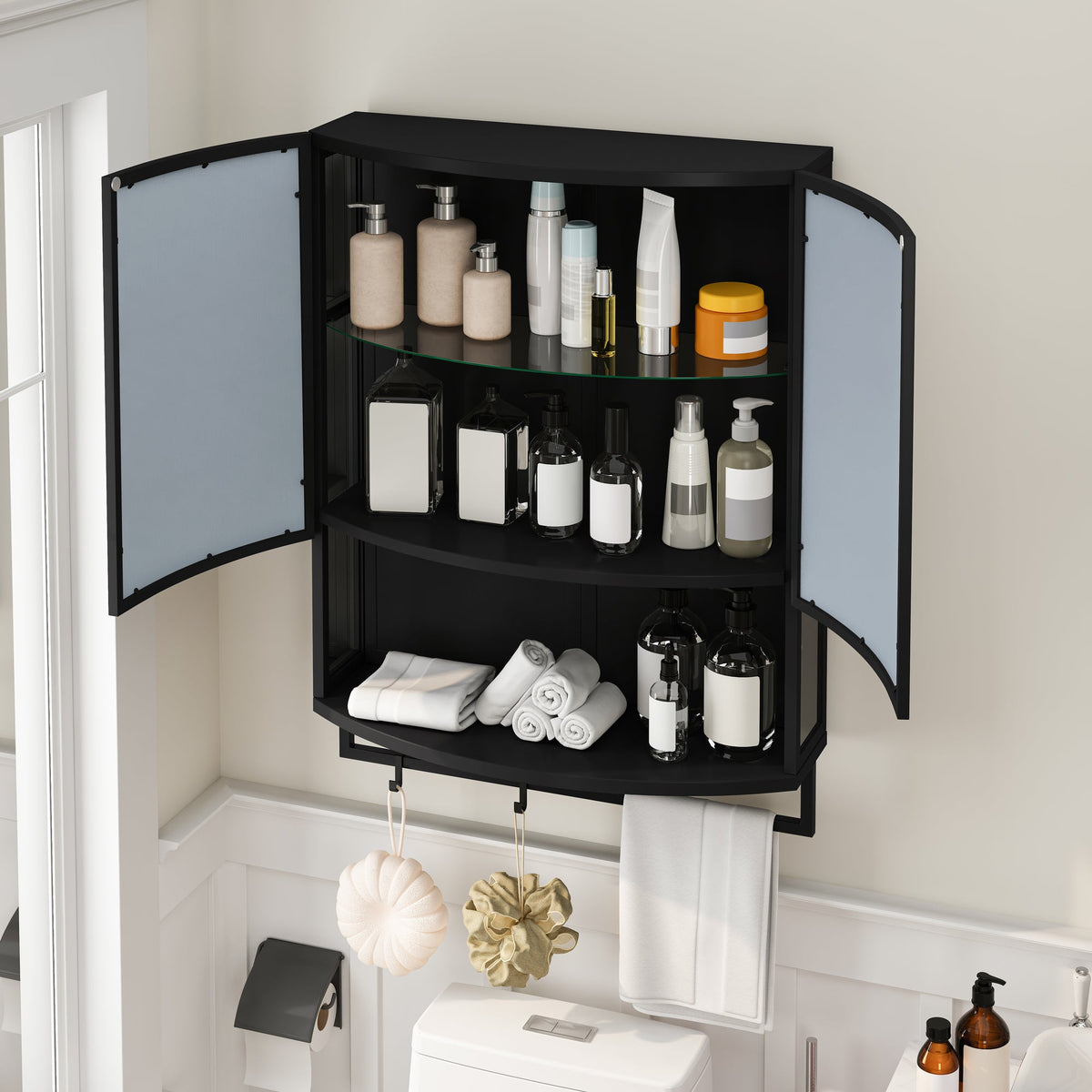 Modern Arched Glass Double-Door Wardrobe with Shatterproof Mirror, Double-Layer Storage, Open Shelf & Towel Rack in Black Iron Frame, 23.62'L x 8.85'W x 31.5'H