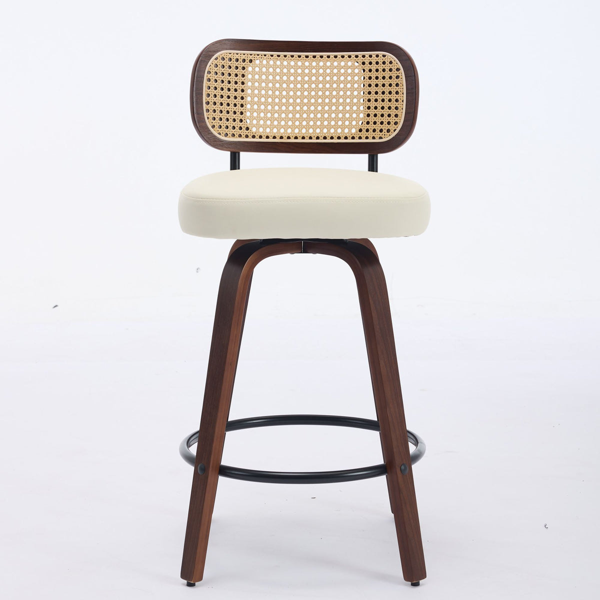 Set of 2 Counter Height Bar Stools - 26 inch Rattan Counter Height Stools with Cane Back, Upholstered Seat, Walnut Craftsmanship, Swivel Counter Stools for Island/Kitchen/Counter/Bar (Walnut /Beige)