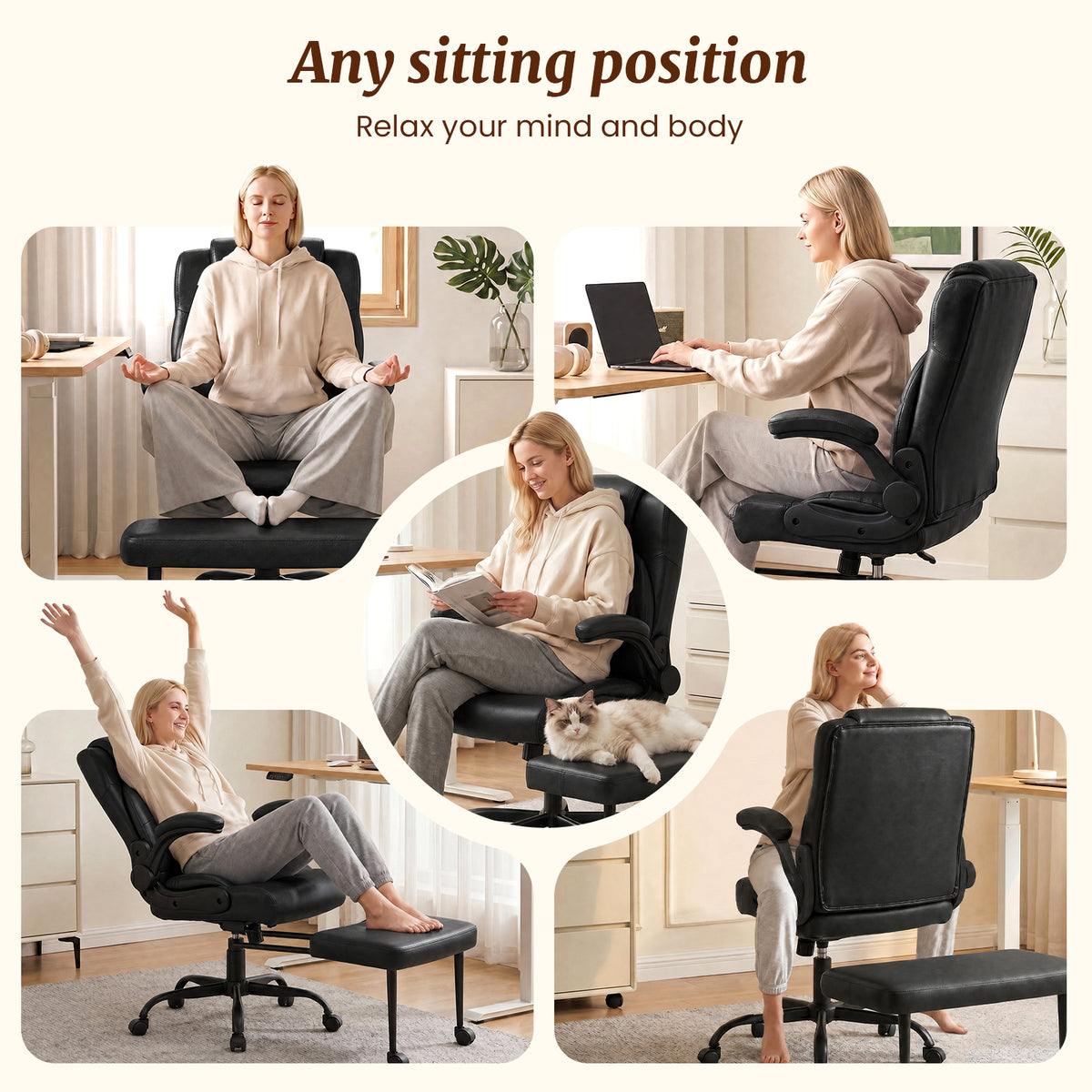 Cross Legged Office Chair with Arms, Wide Criss Cross Chair with Wheels, 360° Rotating Footrest, Height Adjustable Swivel Chair for ADHD,  Ergonomic Office Chair for Home Office Relaxing