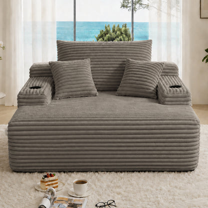Convertible Chaise Lounge Chair Plush with Wide Armrest & Throw Pillows, Cozy Boneless Sleeper Sofa Bed Armchair, with cup holder,for Living Room, Bedroom, No Assembly Required,Brown