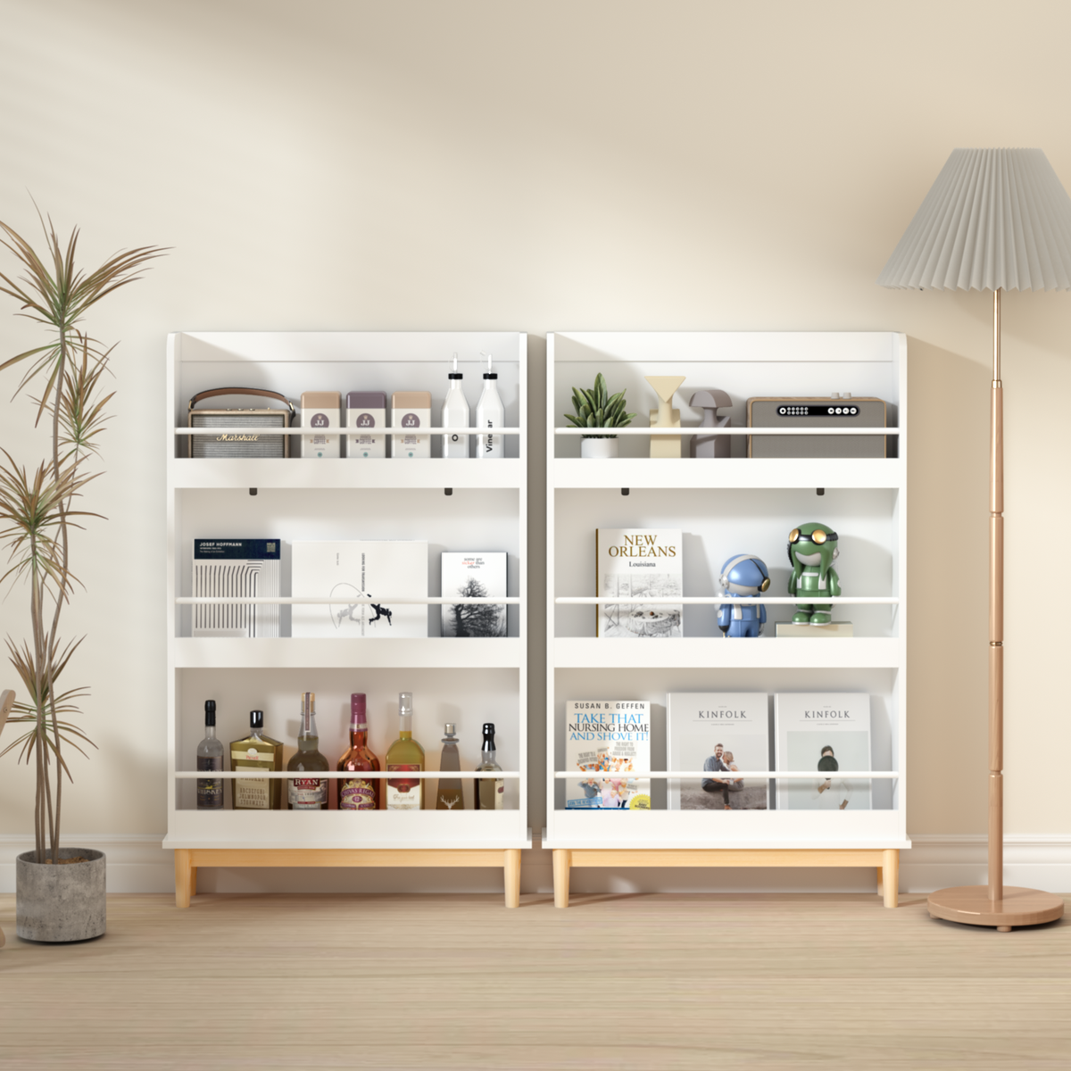 Wall-Mounted Kids Bookshelf with 3 Front-Facing Display Shelves, Modern White Book Rack with Natural Wood Base for Toddler Bedroom