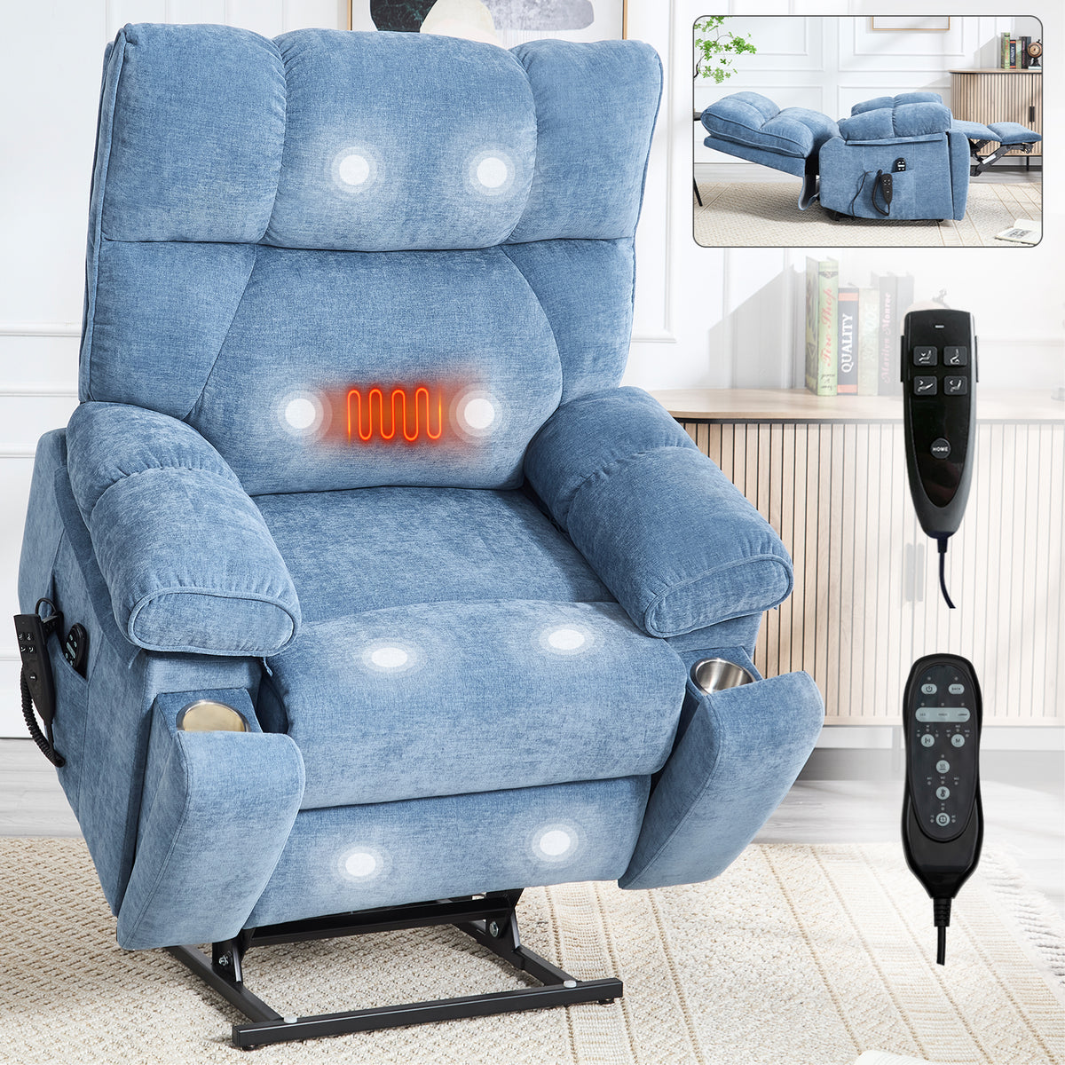 Blue Heat Massage Dual Motor Infinite Position Up to 350 LBS Large Electric Power Lift Recliners with Hidden Cup Holders, Power-Remote